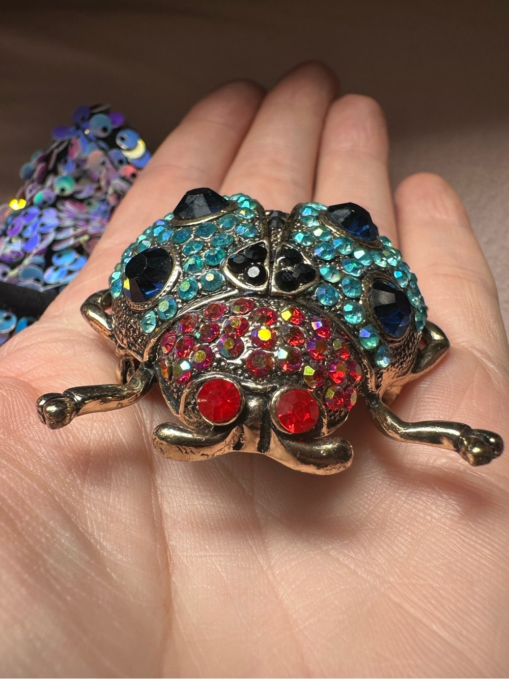 Gold Tone Iridescent Jeweled Beetle Brooch - Picture 6 of 17